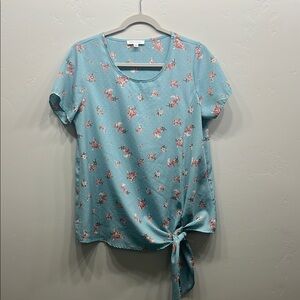 DownEast Blue Tie Front Cuffed Sleeve Blouse